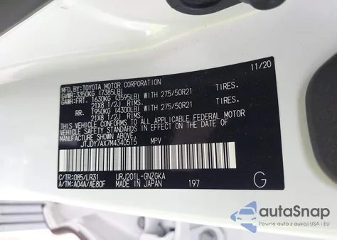 2021 Lexus Lx 570 Three-Row z USA, uszkodzony, nr VIN JTJDY7AX7M4340515